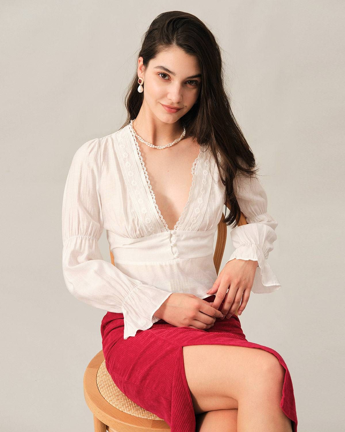 The V Neck Ruffle Lace Trim Blouse sold by rihoas product image thumbnail 2