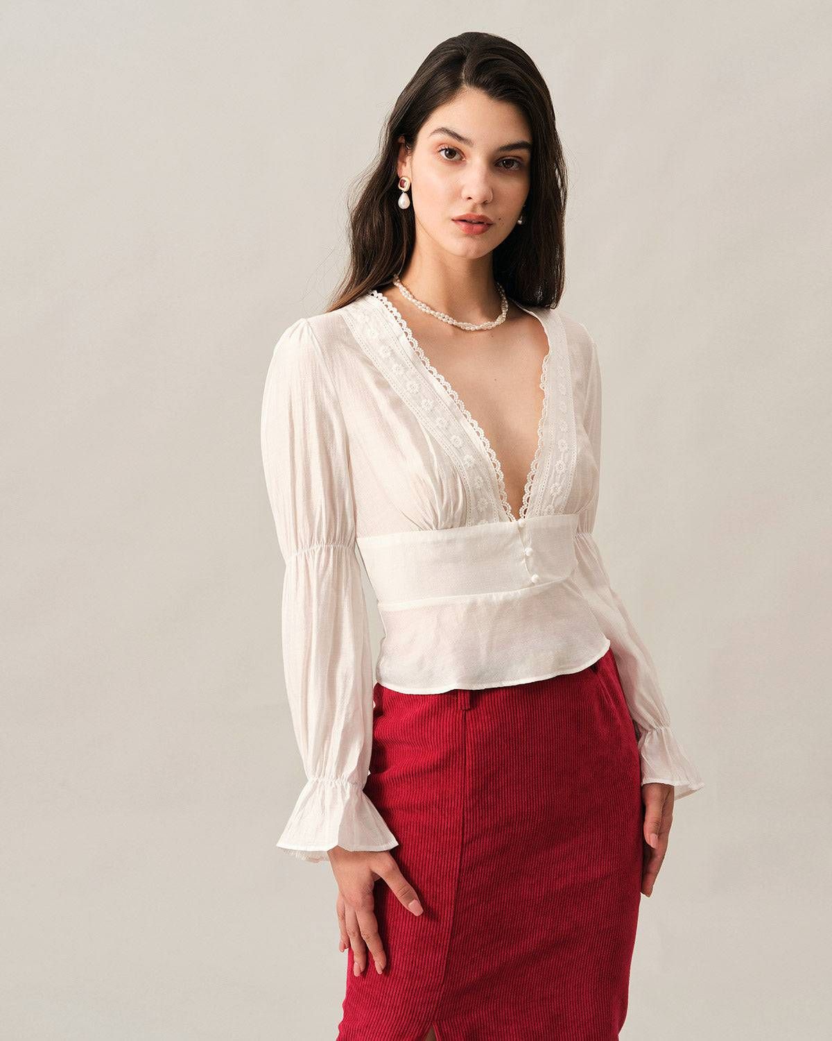 The V Neck Ruffle Lace Trim Blouse sold by rihoas
