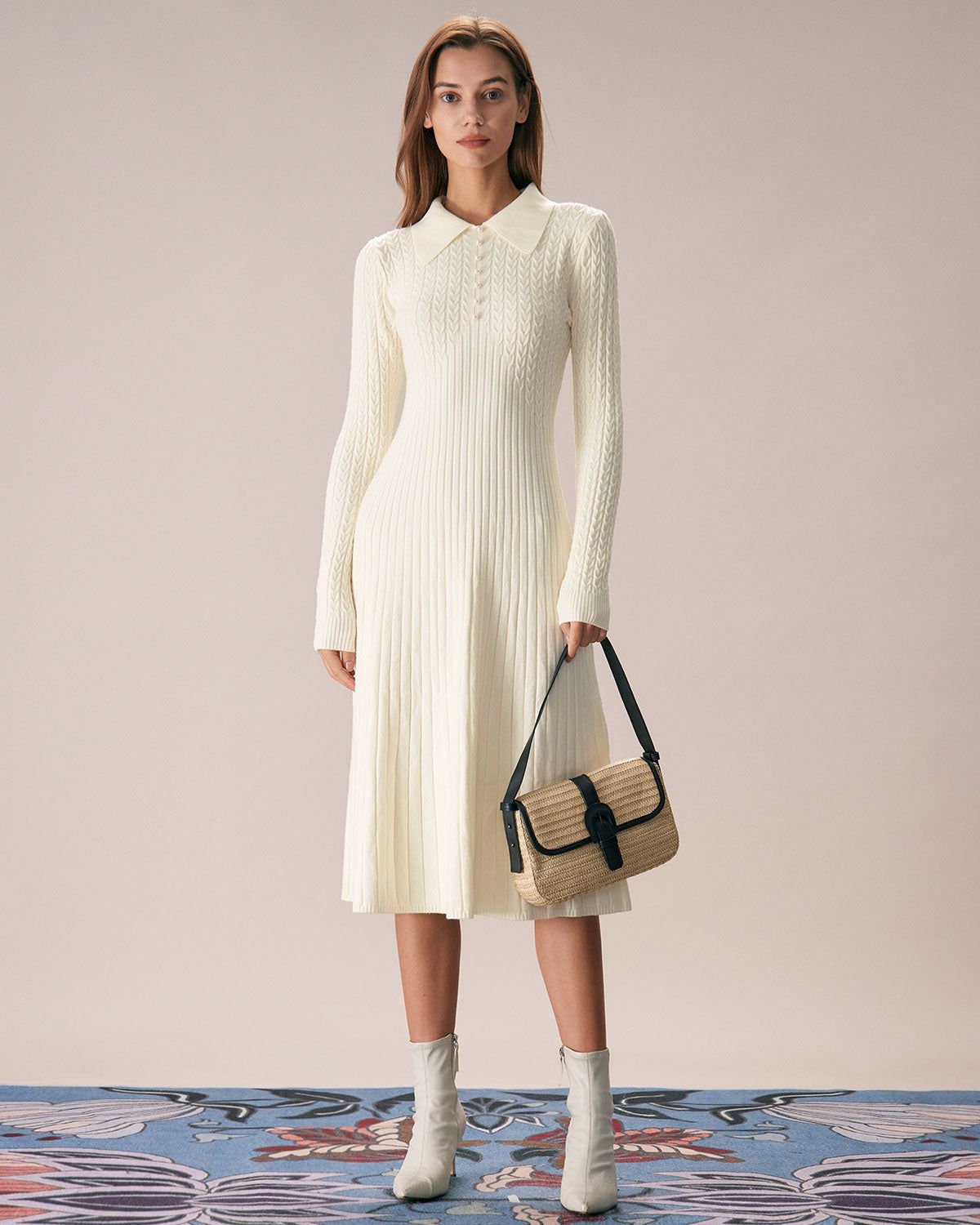 The Apricot Lapel A-Hem Sweater Midi Dress sold by rihoas product image thumbnail 4
