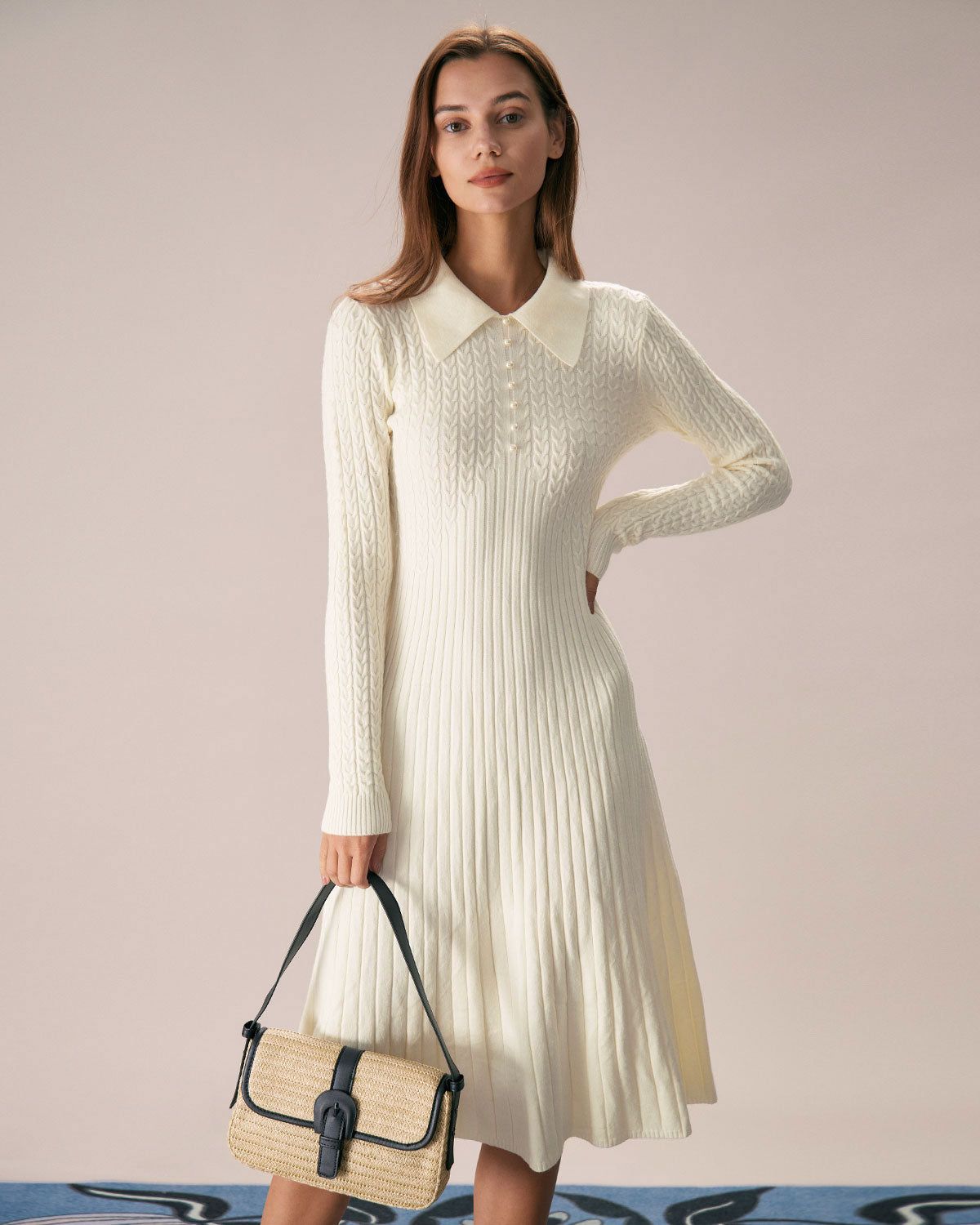 The Apricot Lapel A-Hem Sweater Midi Dress sold by rihoas