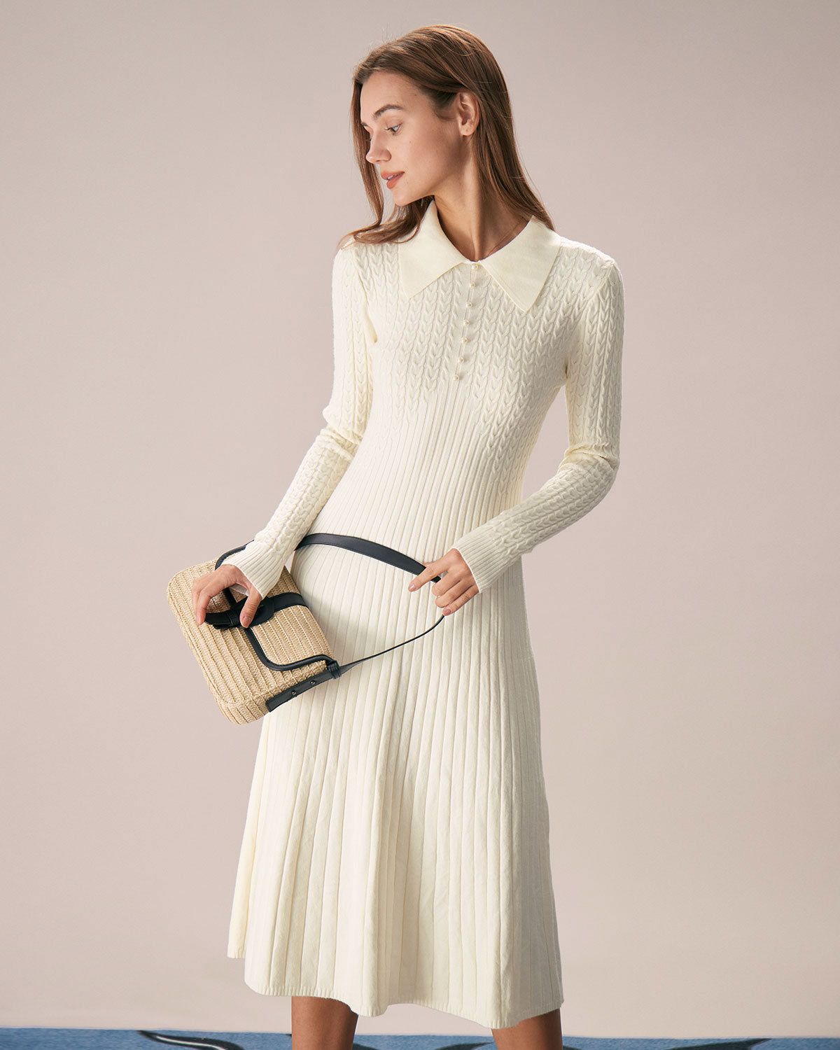 The Apricot Lapel A-Hem Sweater Midi Dress sold by rihoas product image thumbnail 5