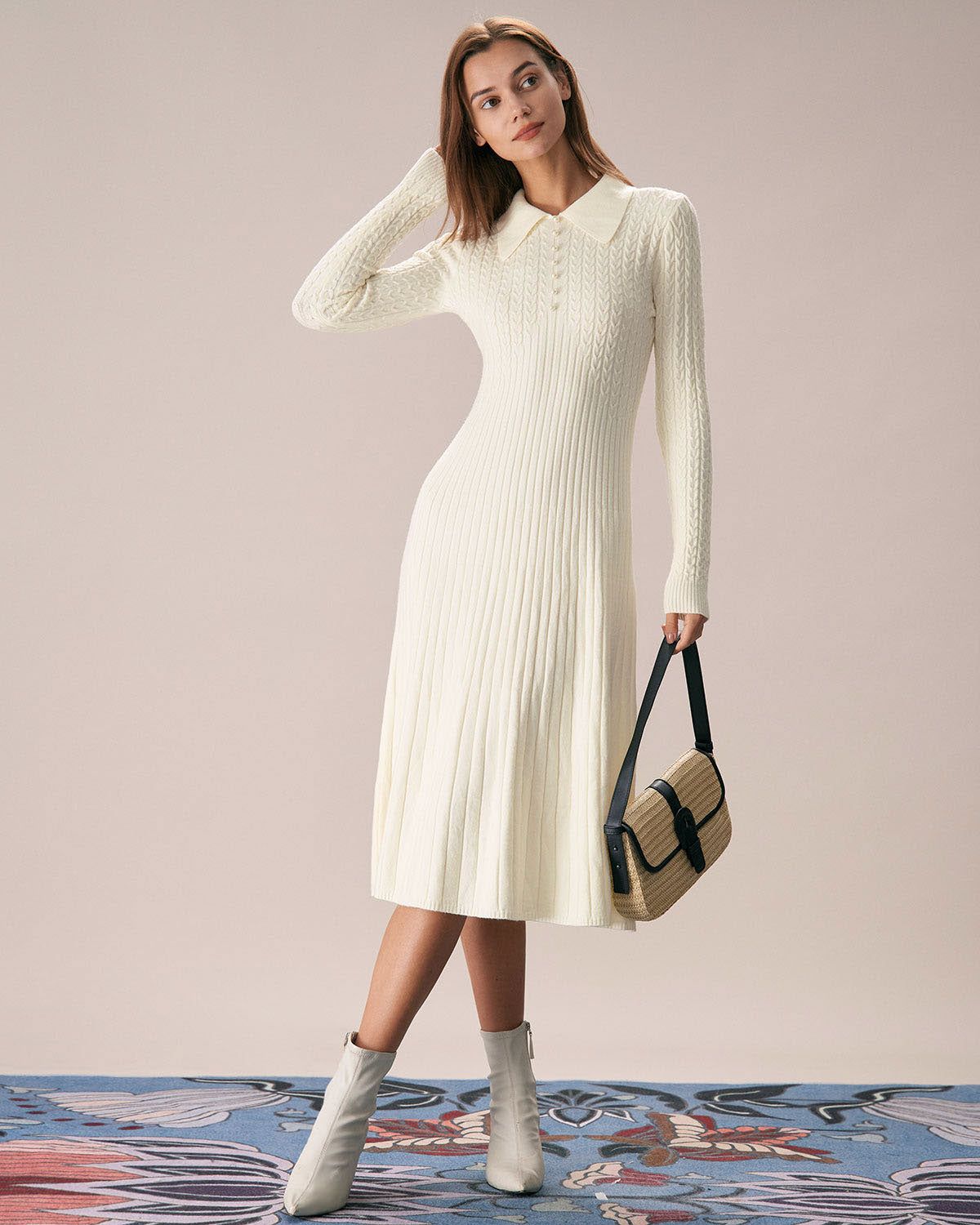 The Apricot Lapel A-Hem Sweater Midi Dress sold by rihoas product image thumbnail 3