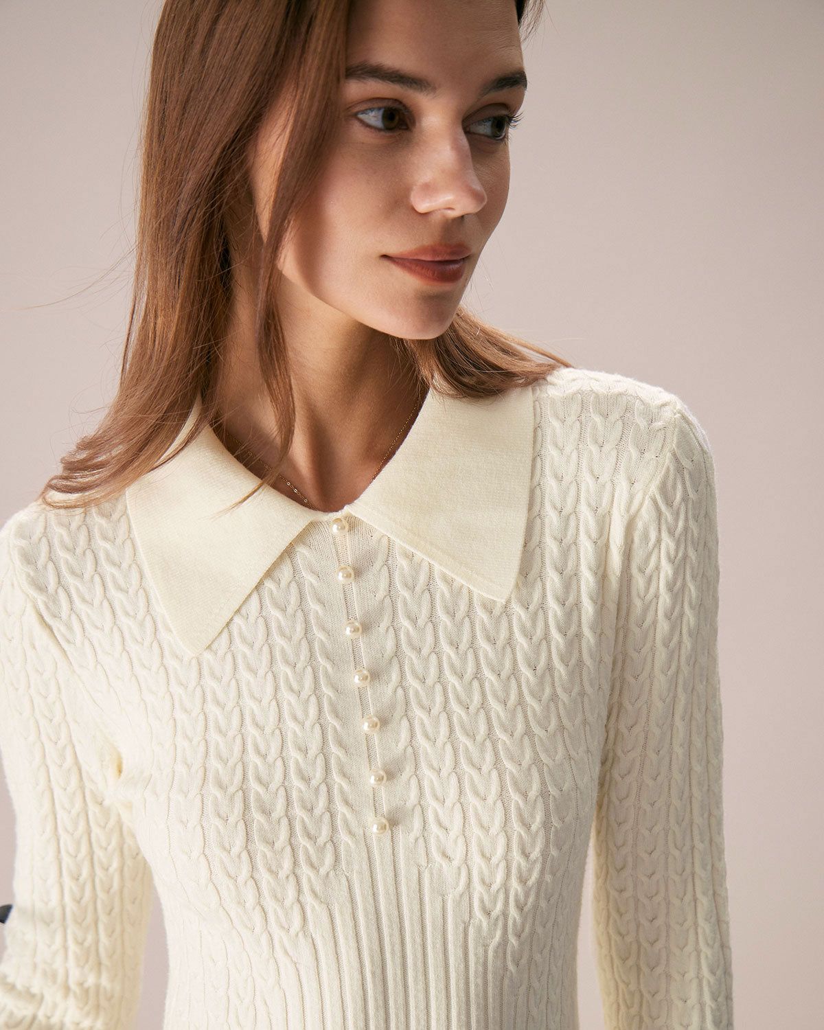 The Apricot Lapel A-Hem Sweater Midi Dress sold by rihoas product image thumbnail 2