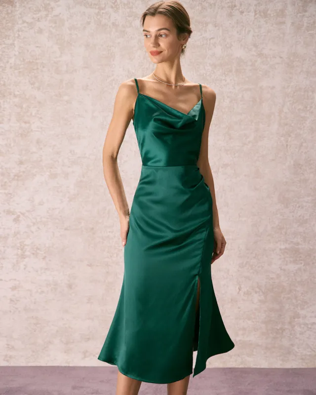 The Green Cowl Neck Side Split Midi Dress sold by rihoas