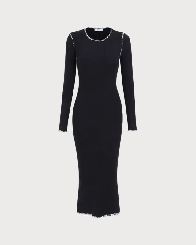 Women's Black Contrasting Ribbed Sweater Midi Dress made by rihoas