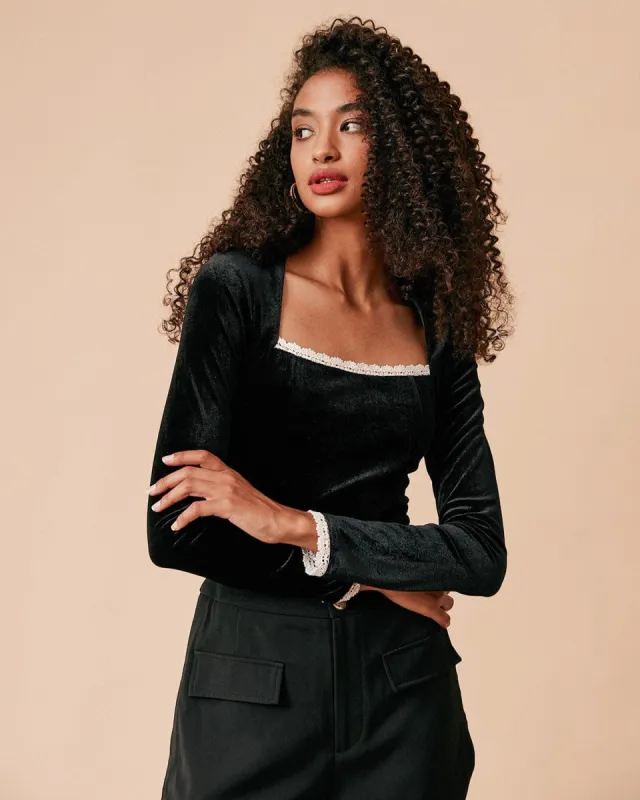 The Square Neck Lace Trim Velvet Blouse sold by rihoas