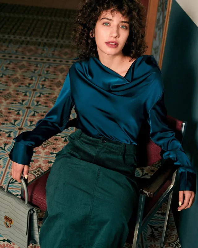 The Cowl Neck Long Sleeve Satin Blouse sold by rihoas