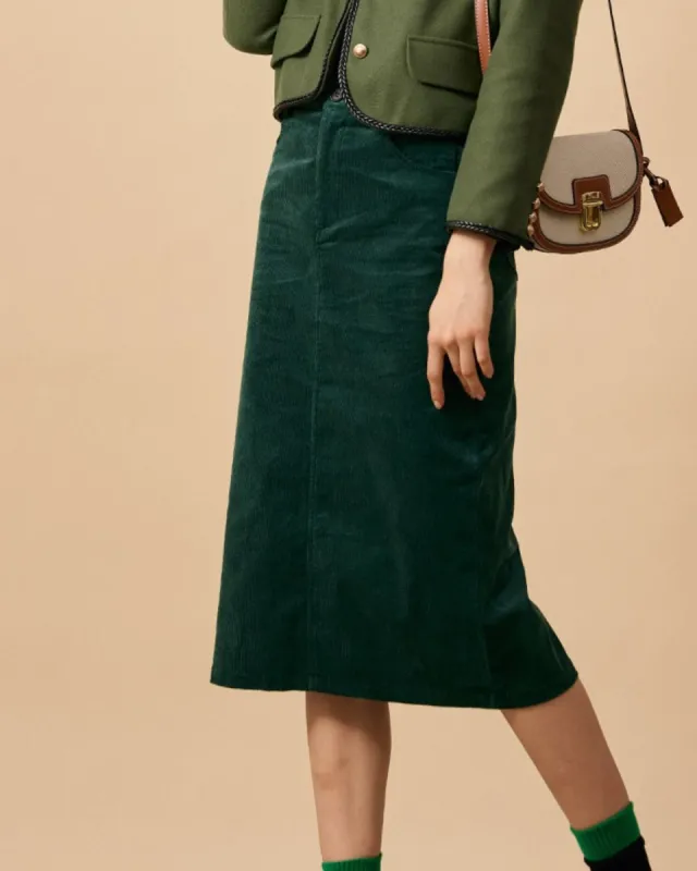 The High Waisted Slit Corduroy Midi Skirt sold by rihoas