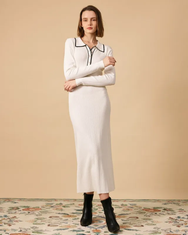 The Contrast Collared Ribbed Knit Midi Dress sold by rihoas