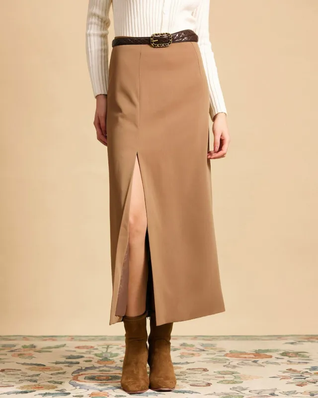 The Solid High Waisted Side Slit Skirt sold by rihoas