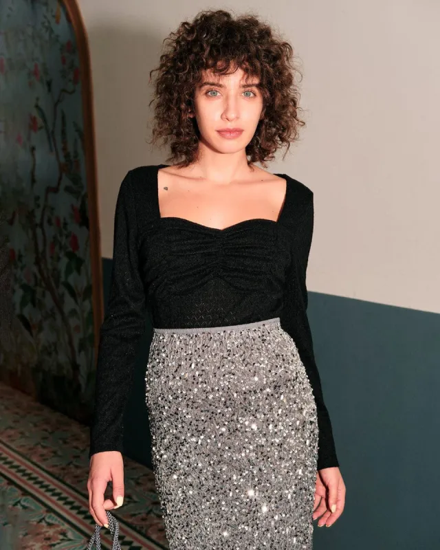 The Sweetheart Neck Ruched Knit Top sold by rihoas