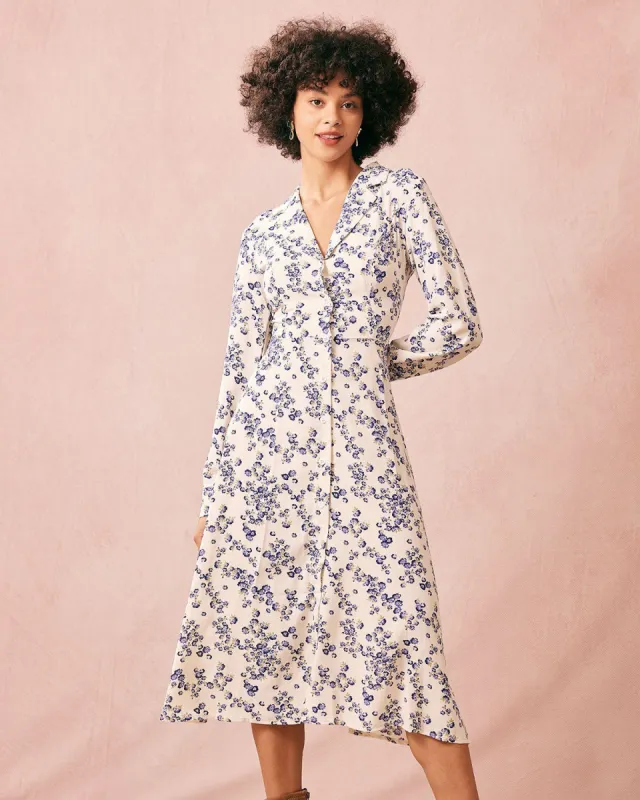 The Collared Floral Long Sleeve Midi Dress sold by rihoas
