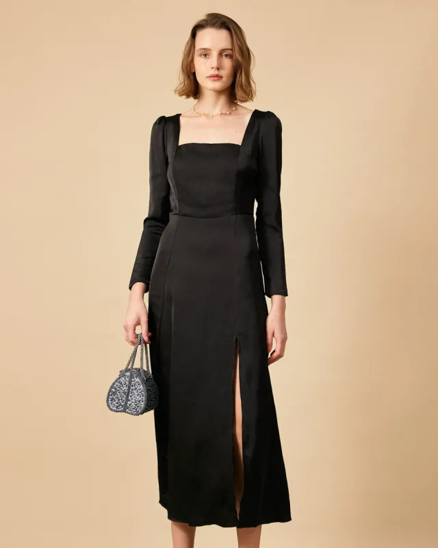 The Square Neck Satin Long Sleeve Maxi Dress sold by rihoas