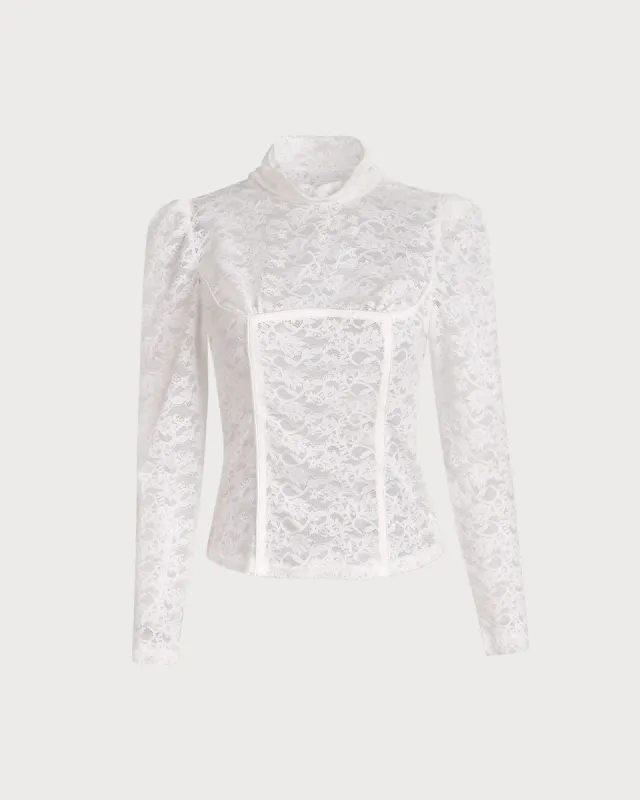 The White See Through Mock Neck Lace Blouse sold by rihoas