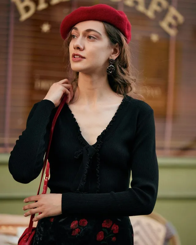 The Solid V Neck Frill Slim Fit Knit Top sold by rihoas