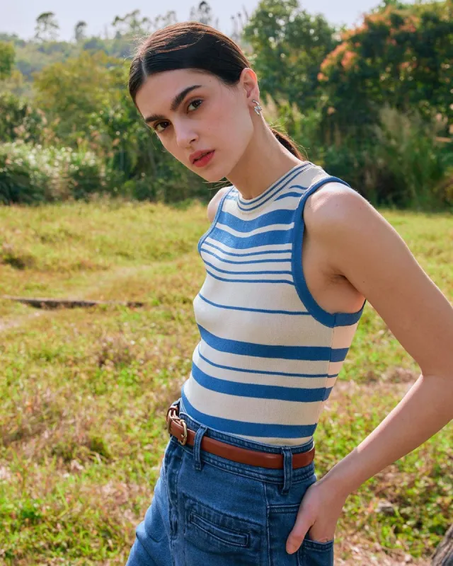 The Blue Striped Sleeveless Knit Tank Top sold by rihoas