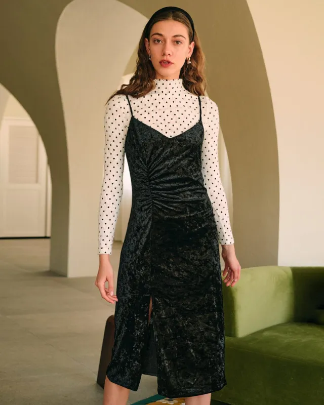 The Ruched Slit Velvet Sling Midi Dress sold by rihoas