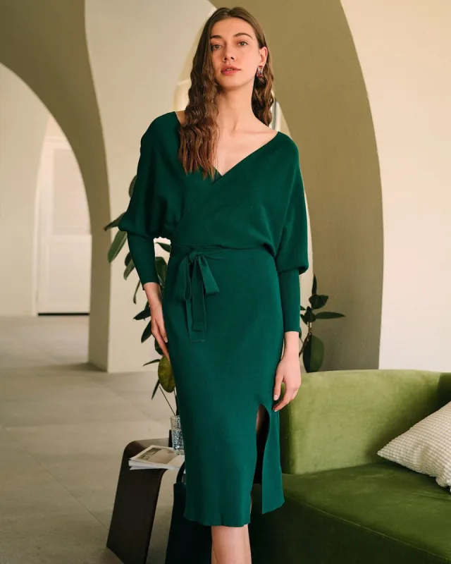 The Long sleeve Wrap Sweater Midi Dress sold by rihoas