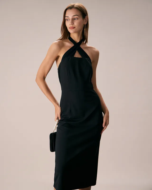 The Black Halter Criss Cross Front Midi Dress sold by rihoas