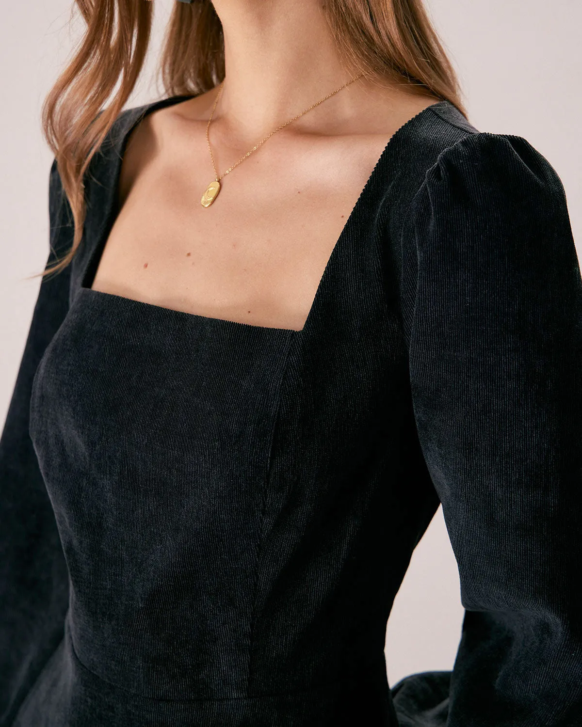 The Black Square Neck Corduroy Mini Dress sold by rihoas product image thumbnail 2