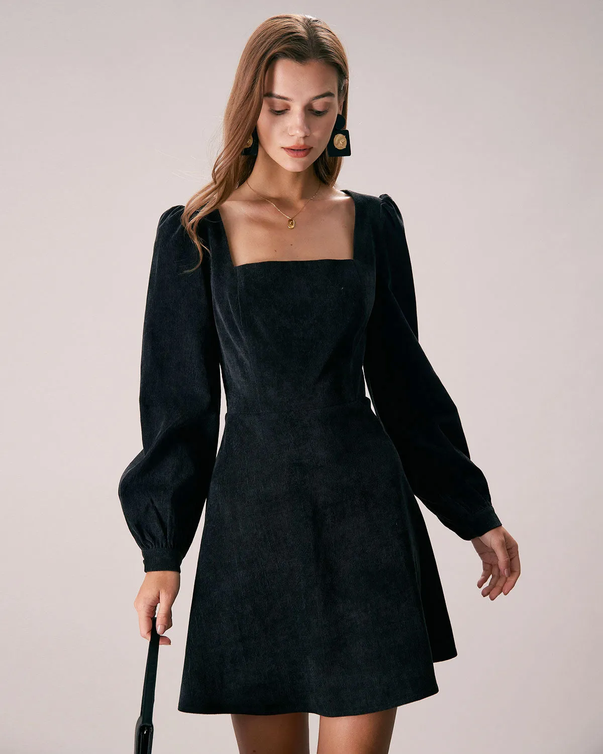 The Black Square Neck Corduroy Mini Dress sold by rihoas product image thumbnail 3