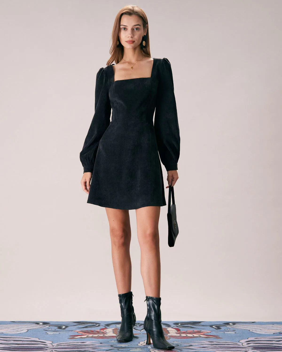 The Black Square Neck Corduroy Mini Dress sold by rihoas product image thumbnail 5