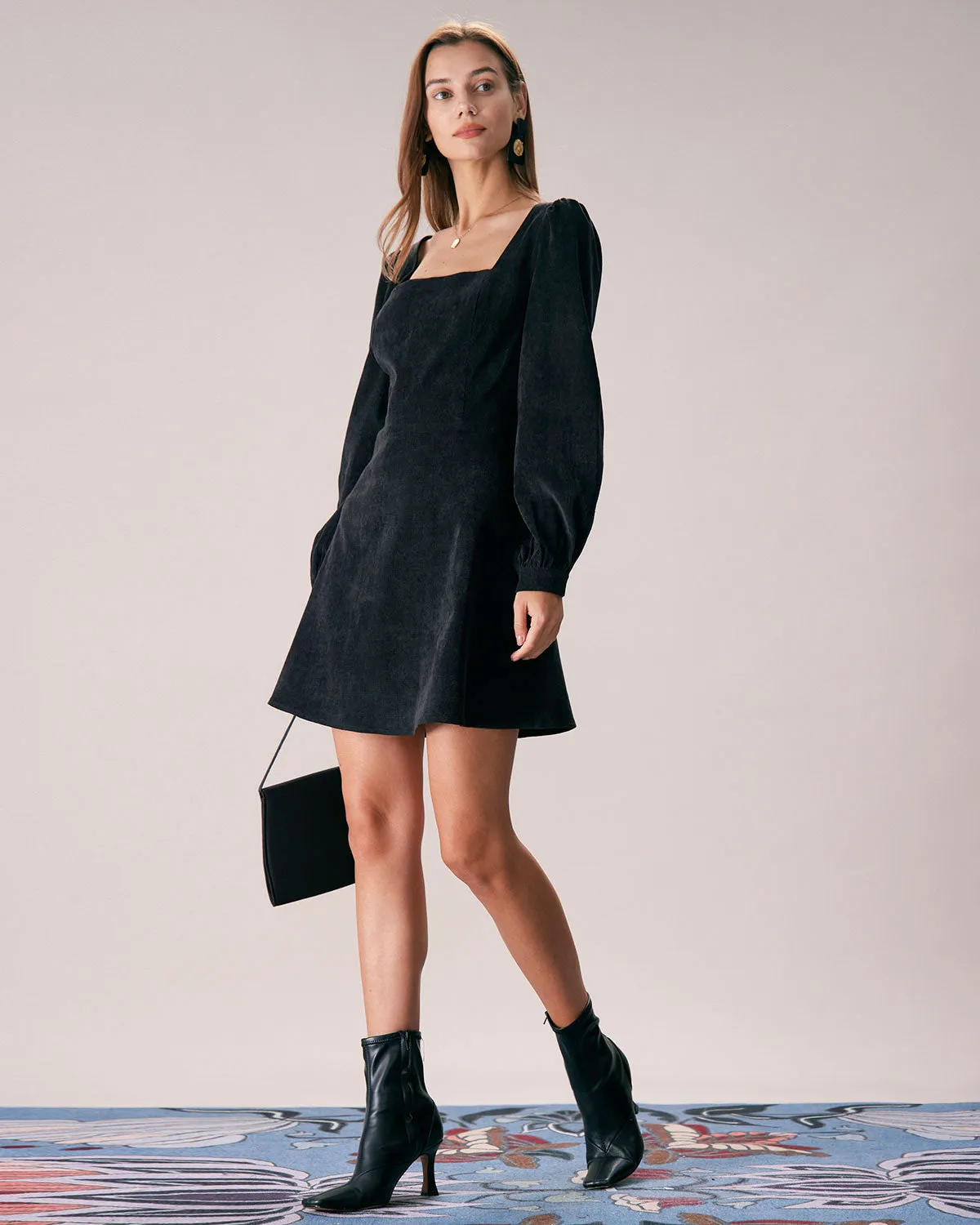 The Black Square Neck Corduroy Mini Dress sold by rihoas product image thumbnail 4