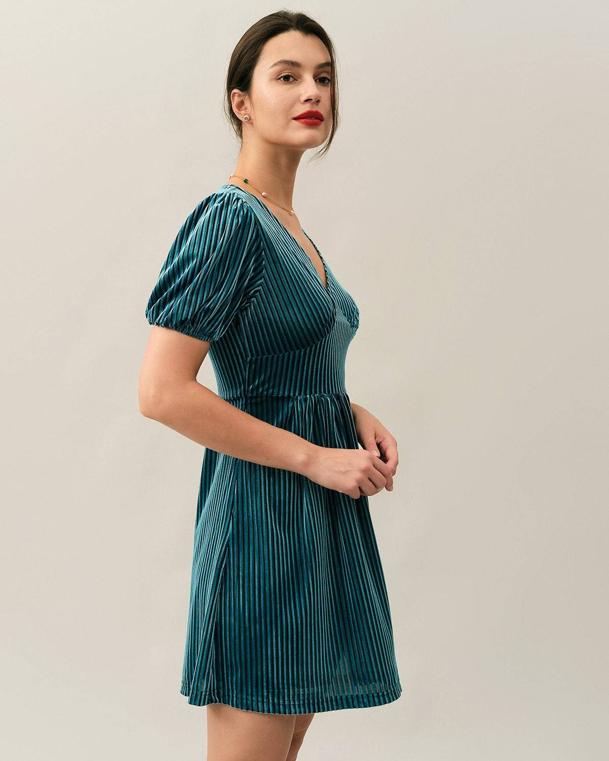 The Velvet Stripe Puff Sleeve Mini Dress sold by rihoas product image thumbnail 3
