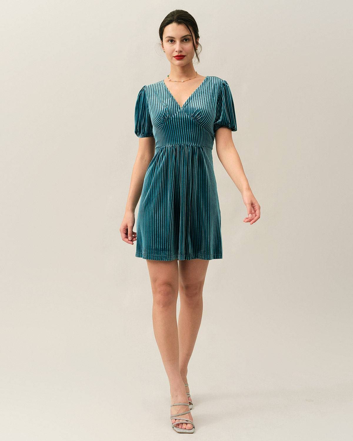 The Velvet Stripe Puff Sleeve Mini Dress sold by rihoas product image thumbnail 4