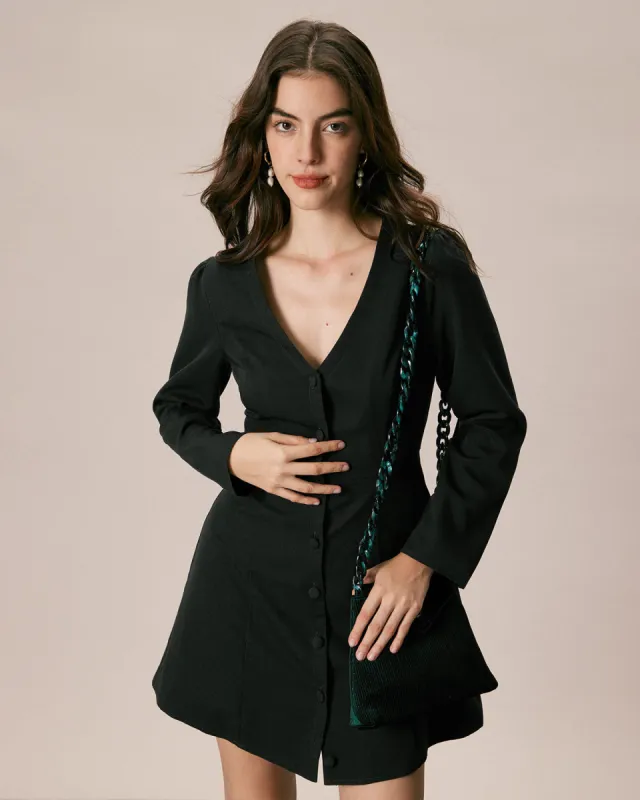 The Black V Neck Button Shirt Mini Dress sold by rihoas