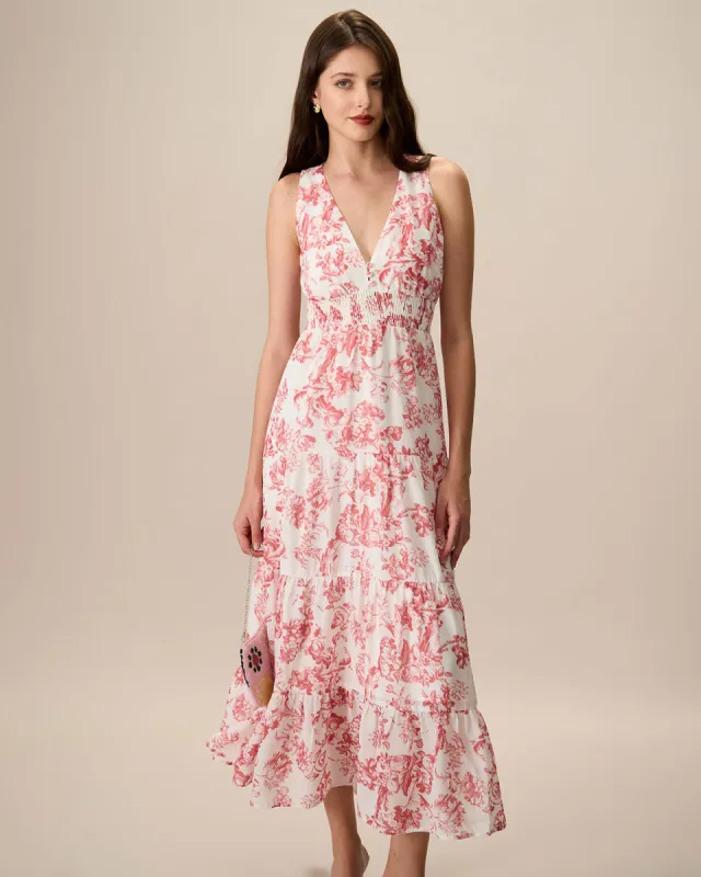 Women's Red Floral Ruched Sleeveless Maxi Dress sold by rihoas