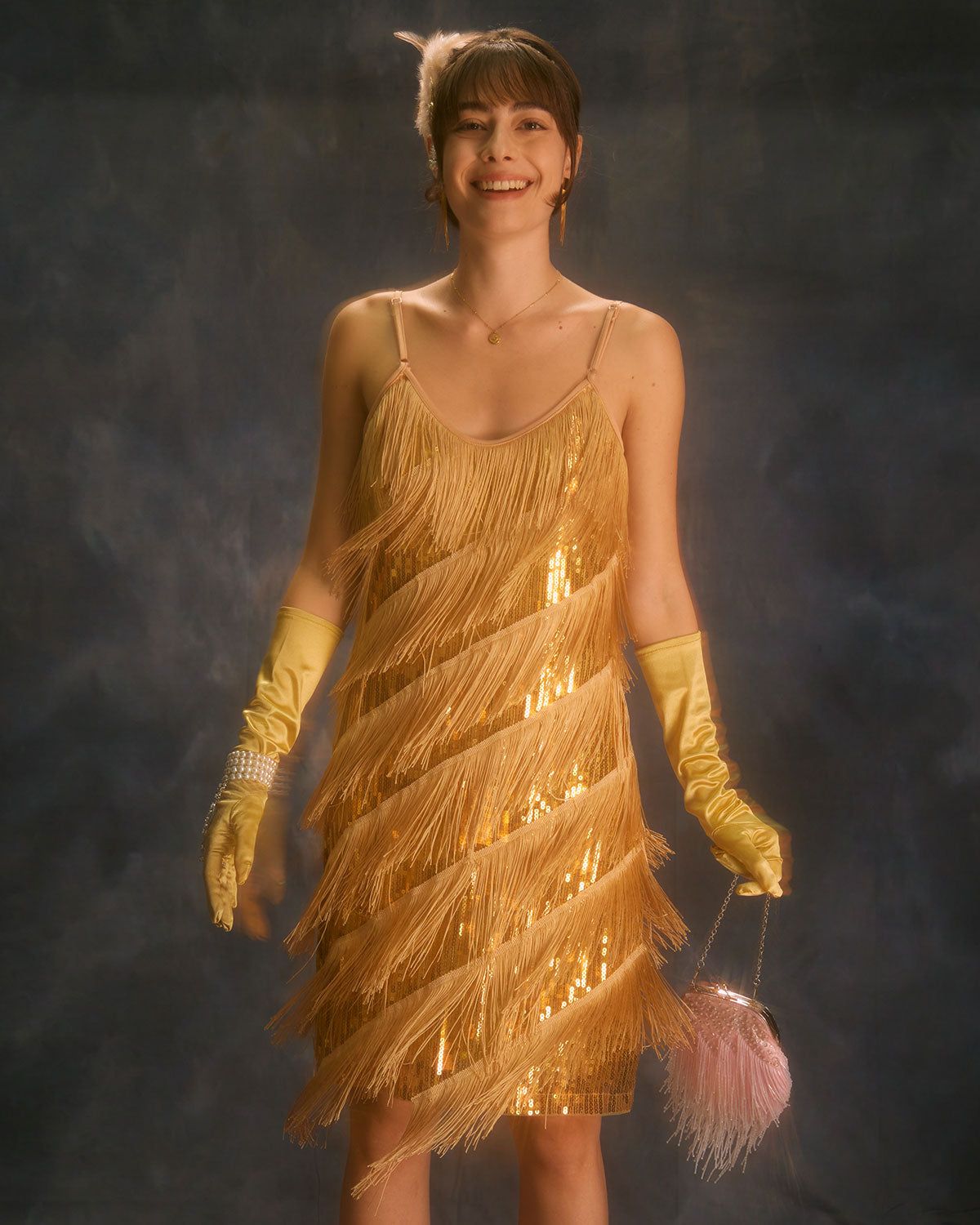 The Gold U Neck Sequin Fringe Slip Mini Dress sold by rihoas product image thumbnail 2