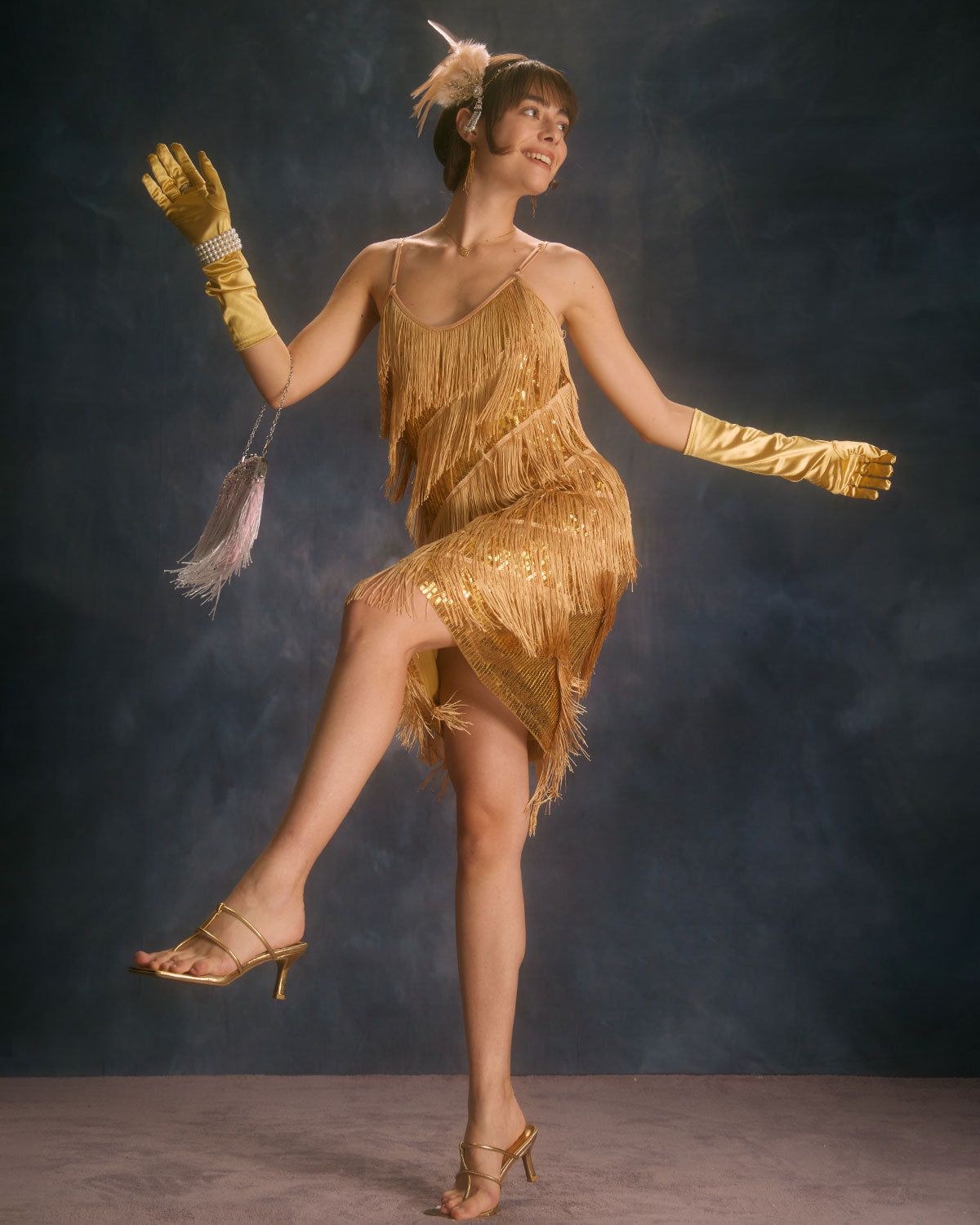 The Gold U Neck Sequin Fringe Slip Mini Dress sold by rihoas product image thumbnail 5