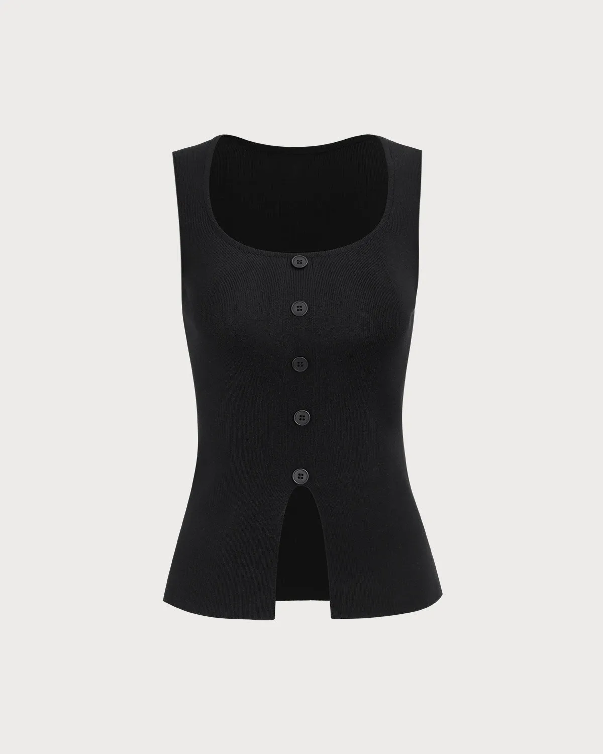 Women's Balck Square Neck Button Tank Top sold by rihoas