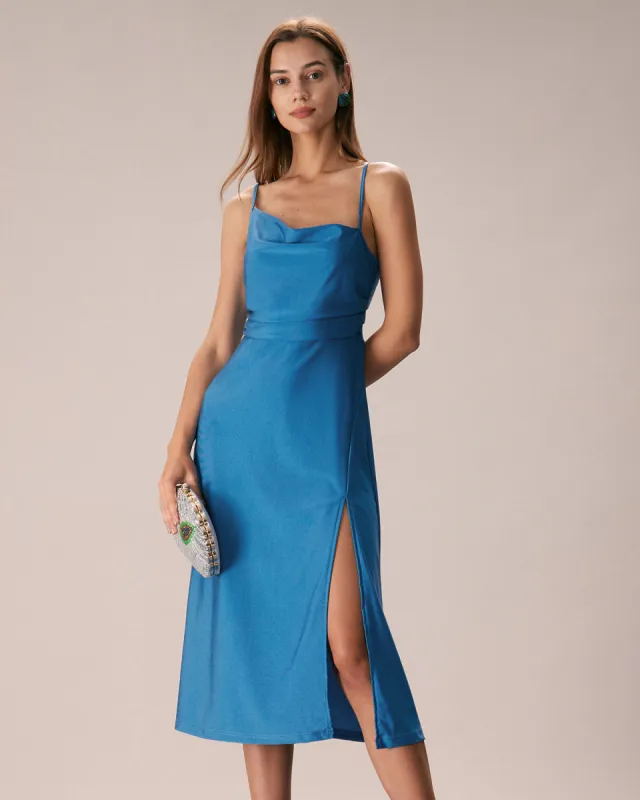 The Blue Cowl Neck Ruched Slip Midi Dress sold by rihoas