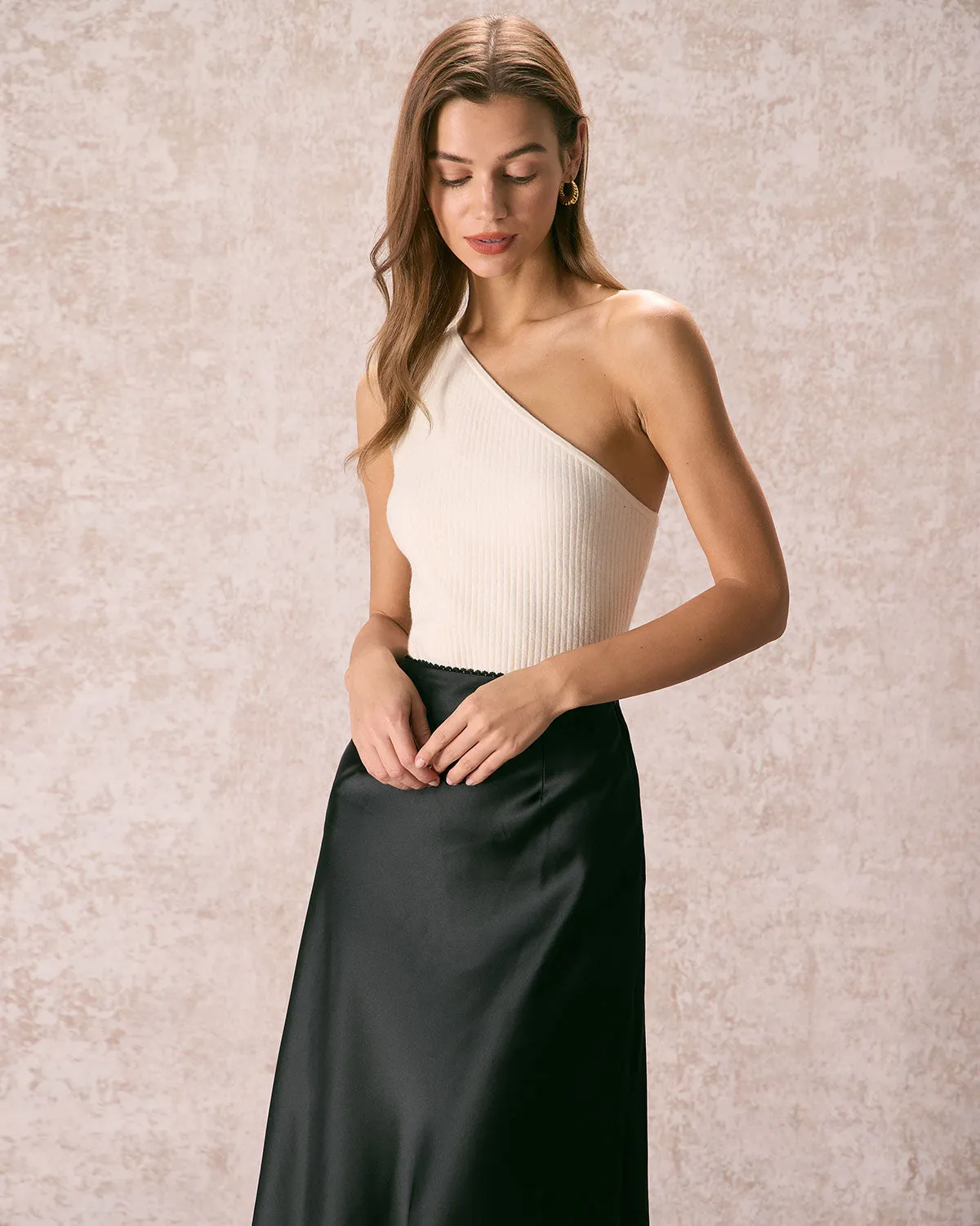 The Beige One Shoulder Ribbed Knit Tank Top sold by rihoas product image thumbnail 3