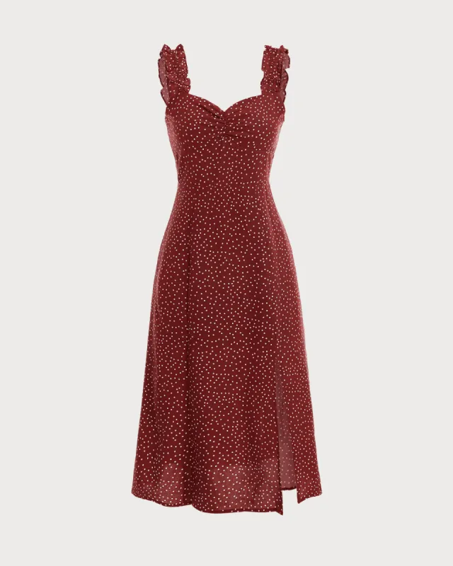 The Red Frill Trim Side Split Midi Dress sold by rihoas