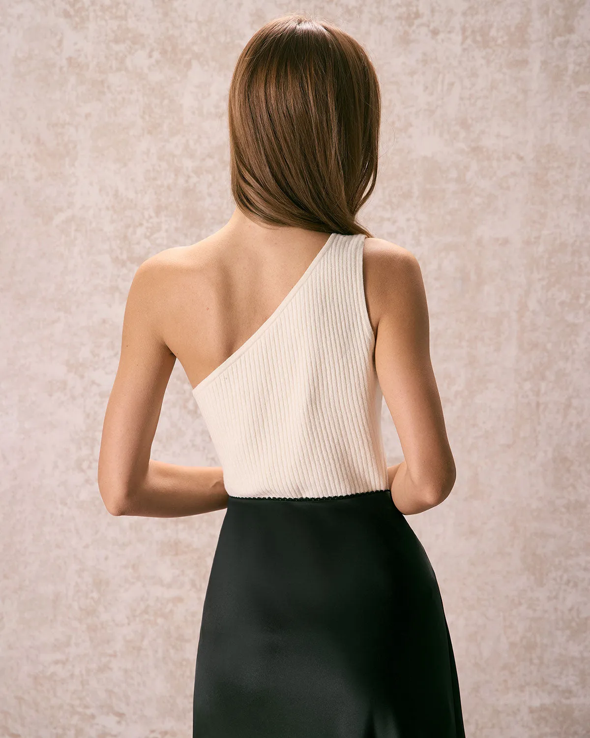 The Beige One Shoulder Ribbed Knit Tank Top sold by rihoas product image thumbnail 4