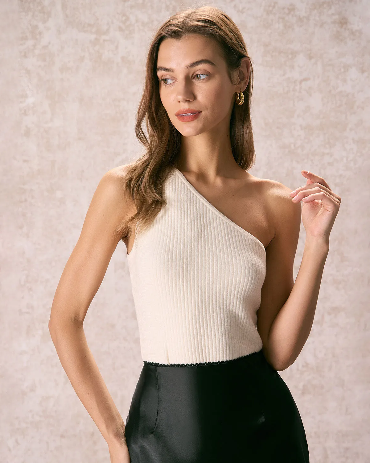 The Beige One Shoulder Ribbed Knit Tank Top sold by rihoas