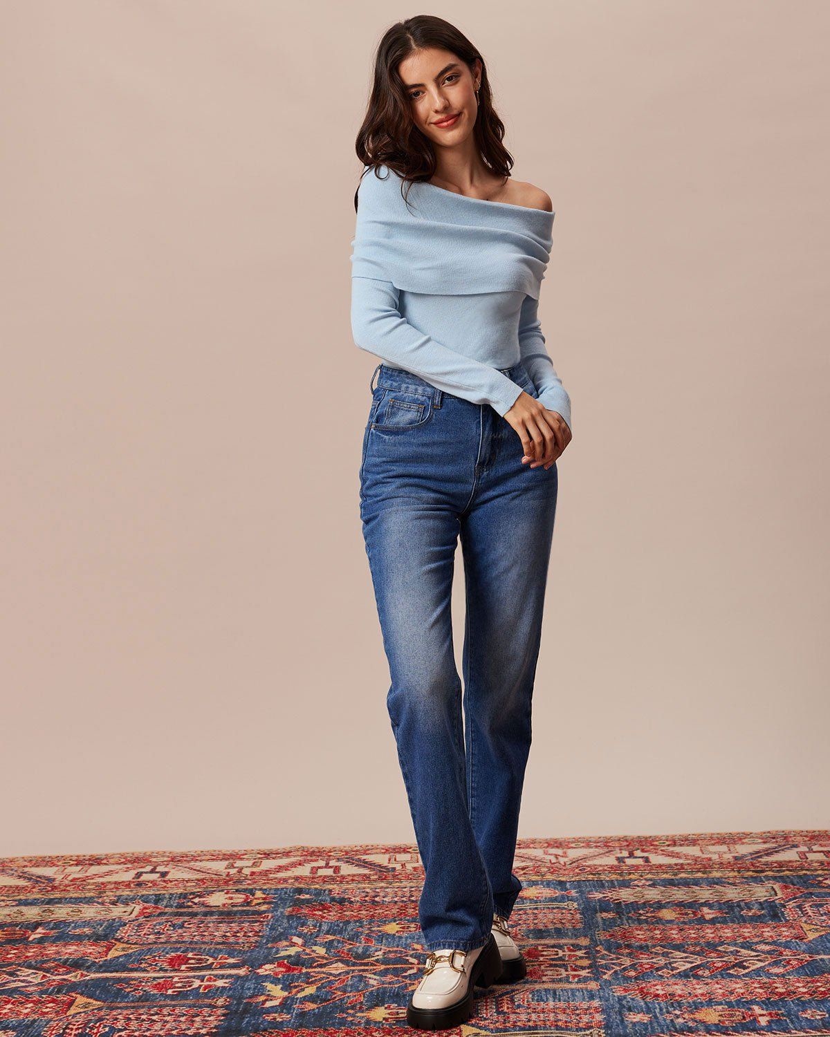 The Blue Off The Shoulder Ruched Knit Top sold by rihoas product image thumbnail 3