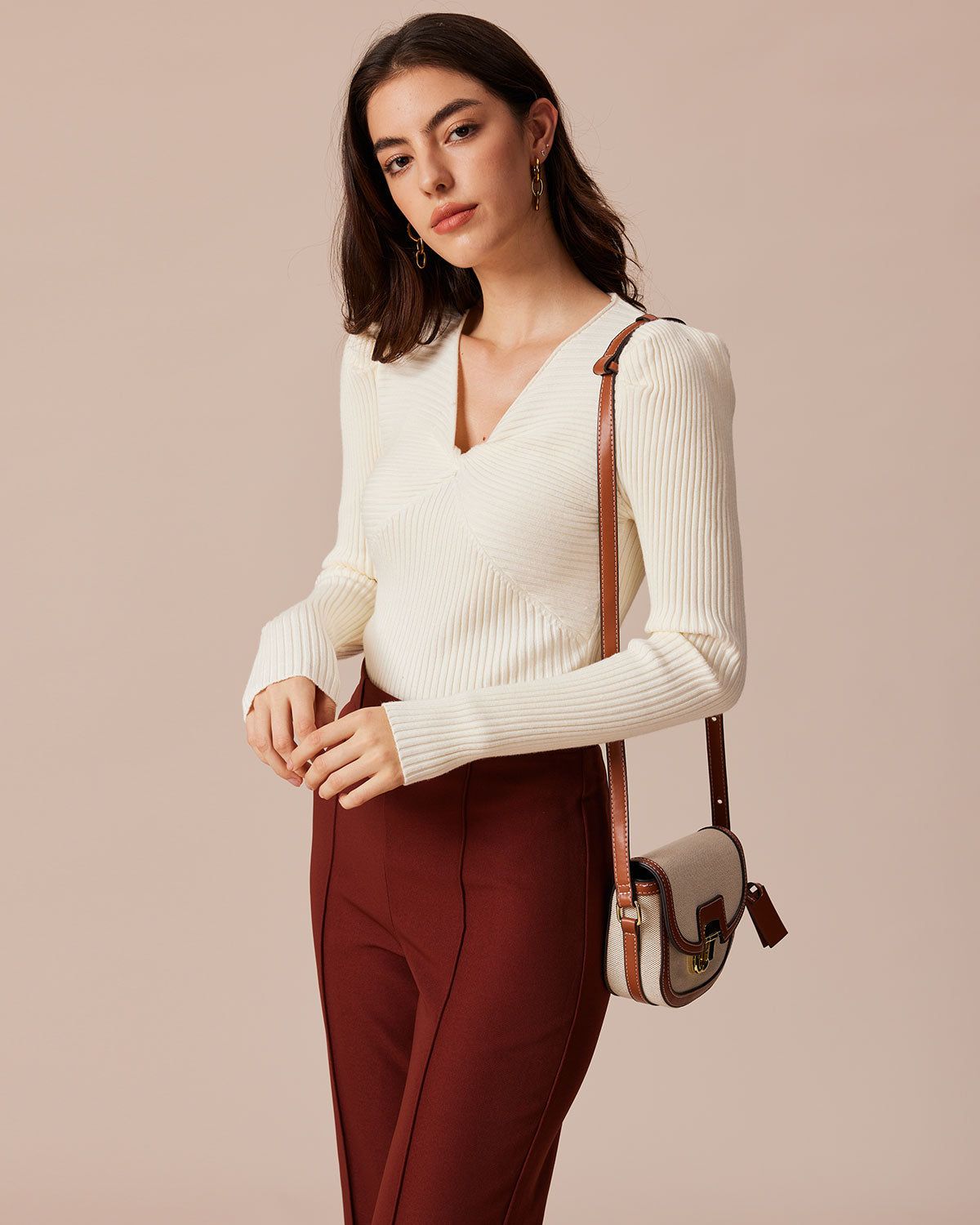 The Beige V Neck Twist Front Ribbed Knit Top sold by rihoas product image thumbnail 3