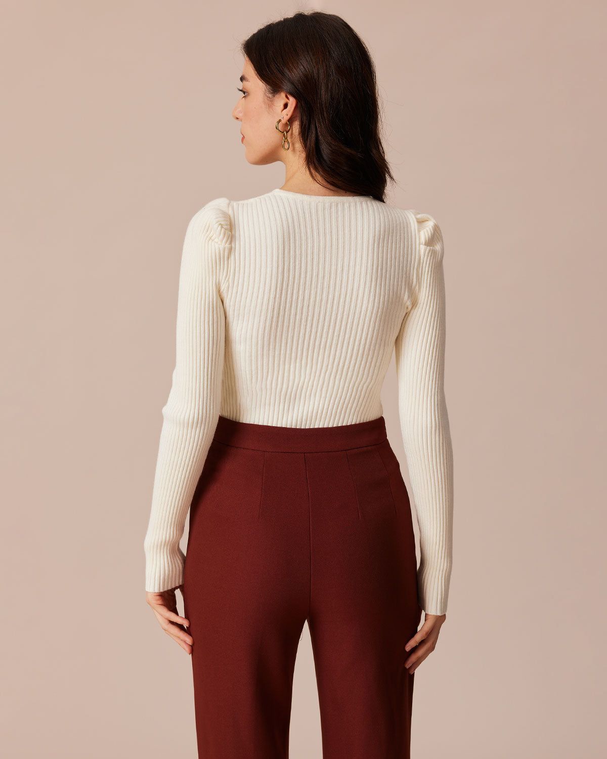 The Beige V Neck Twist Front Ribbed Knit Top sold by rihoas product image thumbnail 6