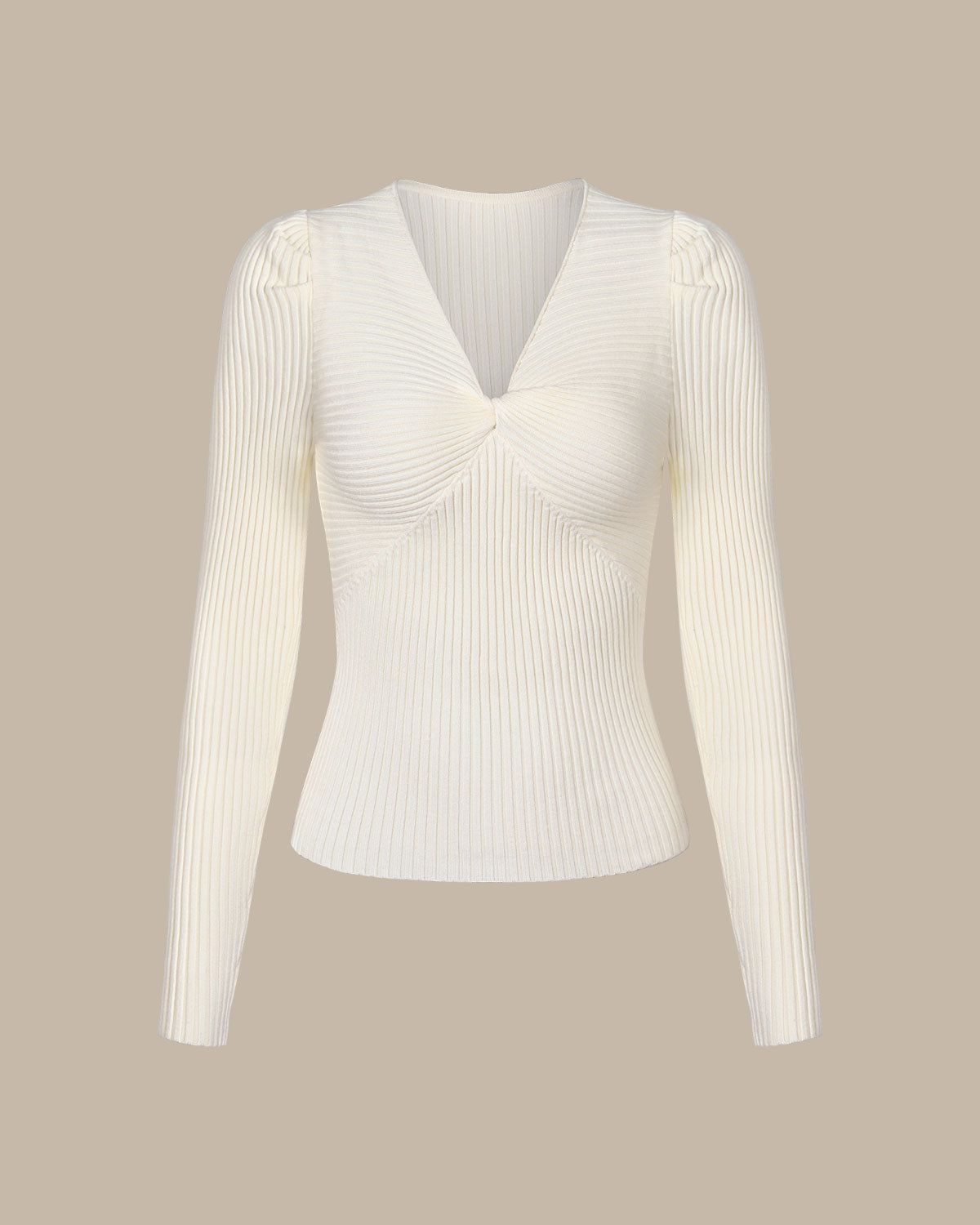 The Beige V Neck Twist Front Ribbed Knit Top sold by rihoas product image thumbnail 7