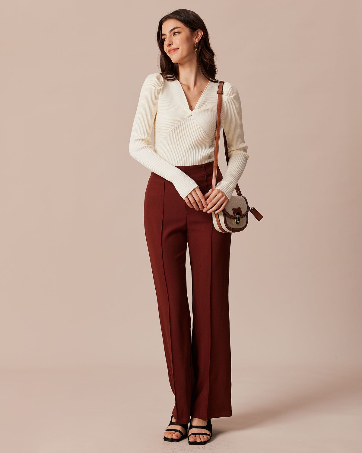 The Beige V Neck Twist Front Ribbed Knit Top sold by rihoas product image thumbnail 2