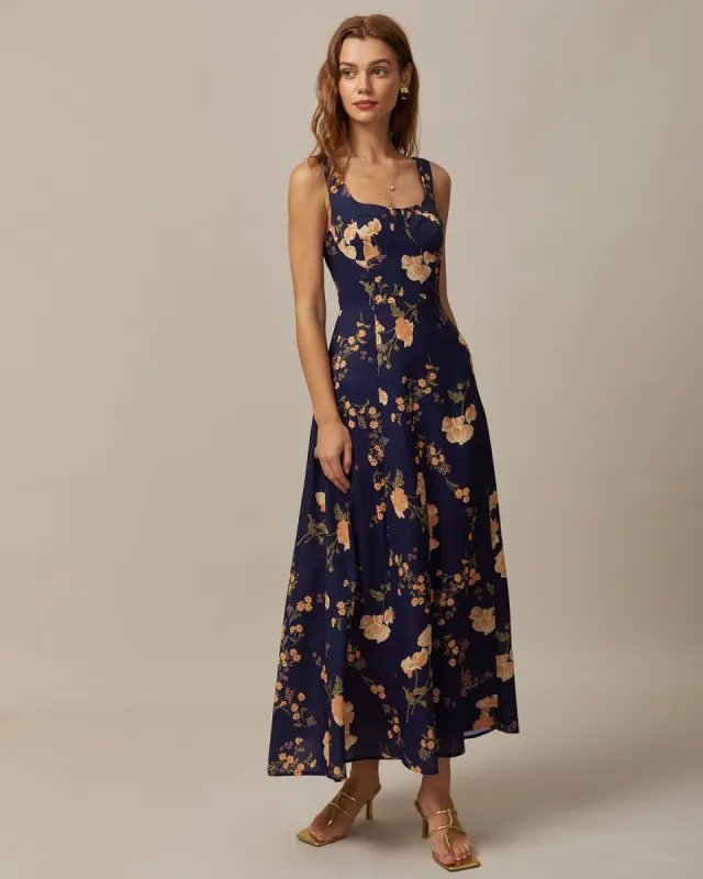 The Navy Sweetheart Neck Floral Maxi Dress sold by rihoas