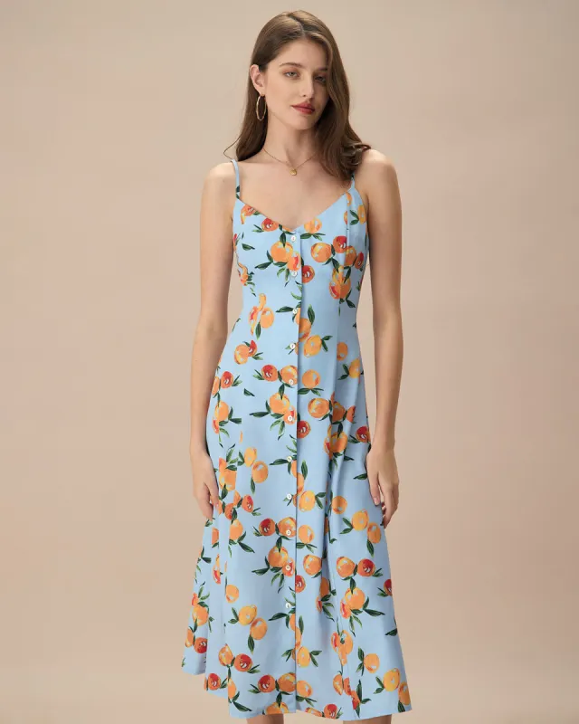 Women's Blue Fruit Print Slip Midi Dress sold by rihoas