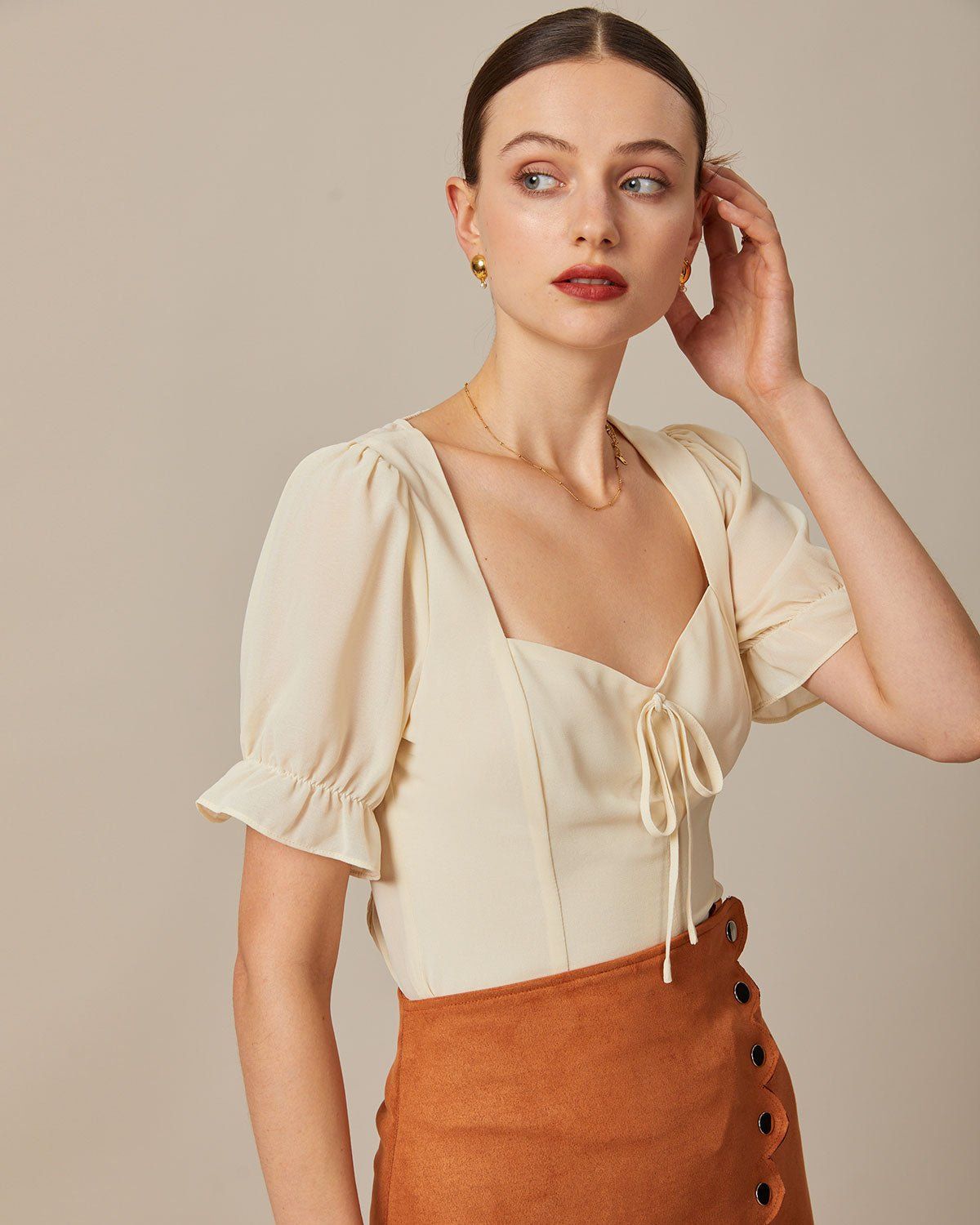 The Beige Sweetheart Neck Puff Sleeve Sheer Blouse sold by rihoas product image thumbnail 3