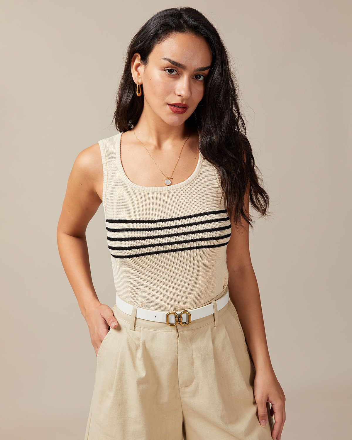 The Round Neck Striped Sleeveless Knit Tank Top sold by rihoas