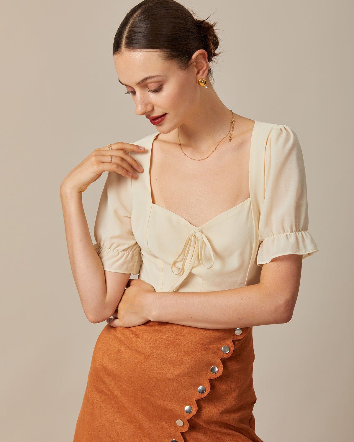 The Beige Sweetheart Neck Puff Sleeve Sheer Blouse sold by rihoas product image thumbnail 2