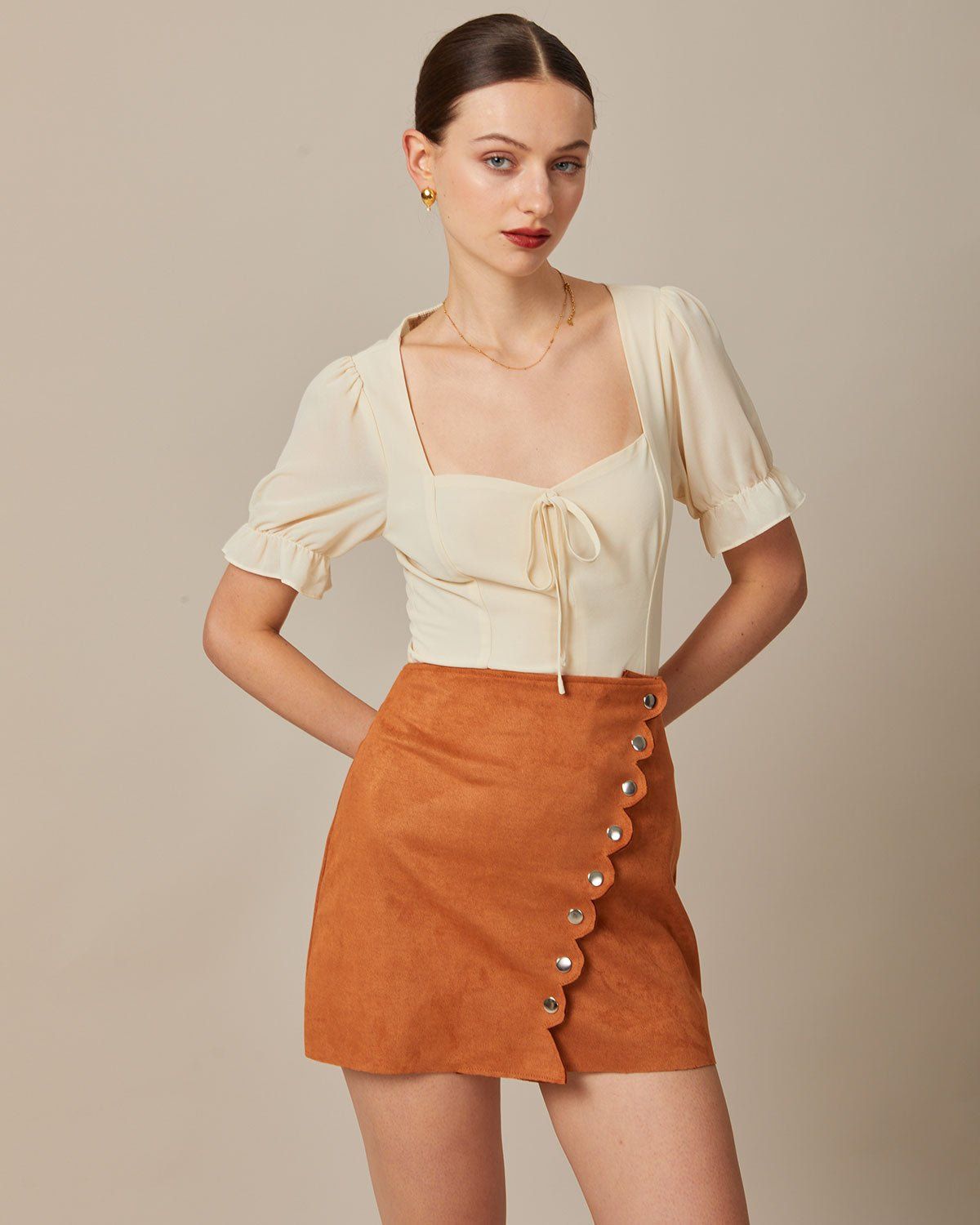 The Beige Sweetheart Neck Puff Sleeve Sheer Blouse sold by rihoas